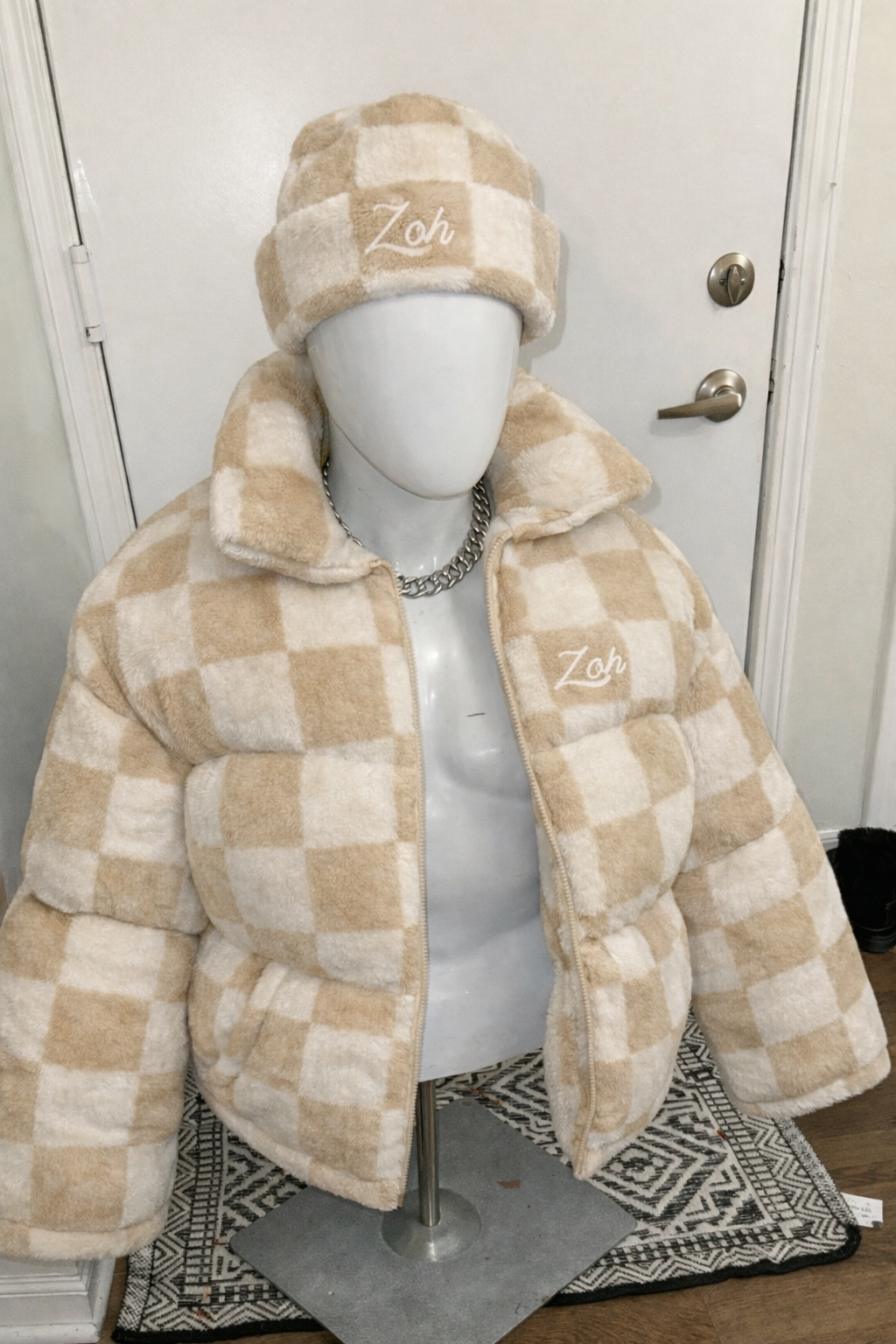 Zoh Plaid Puffer Jacket & Beanie Set