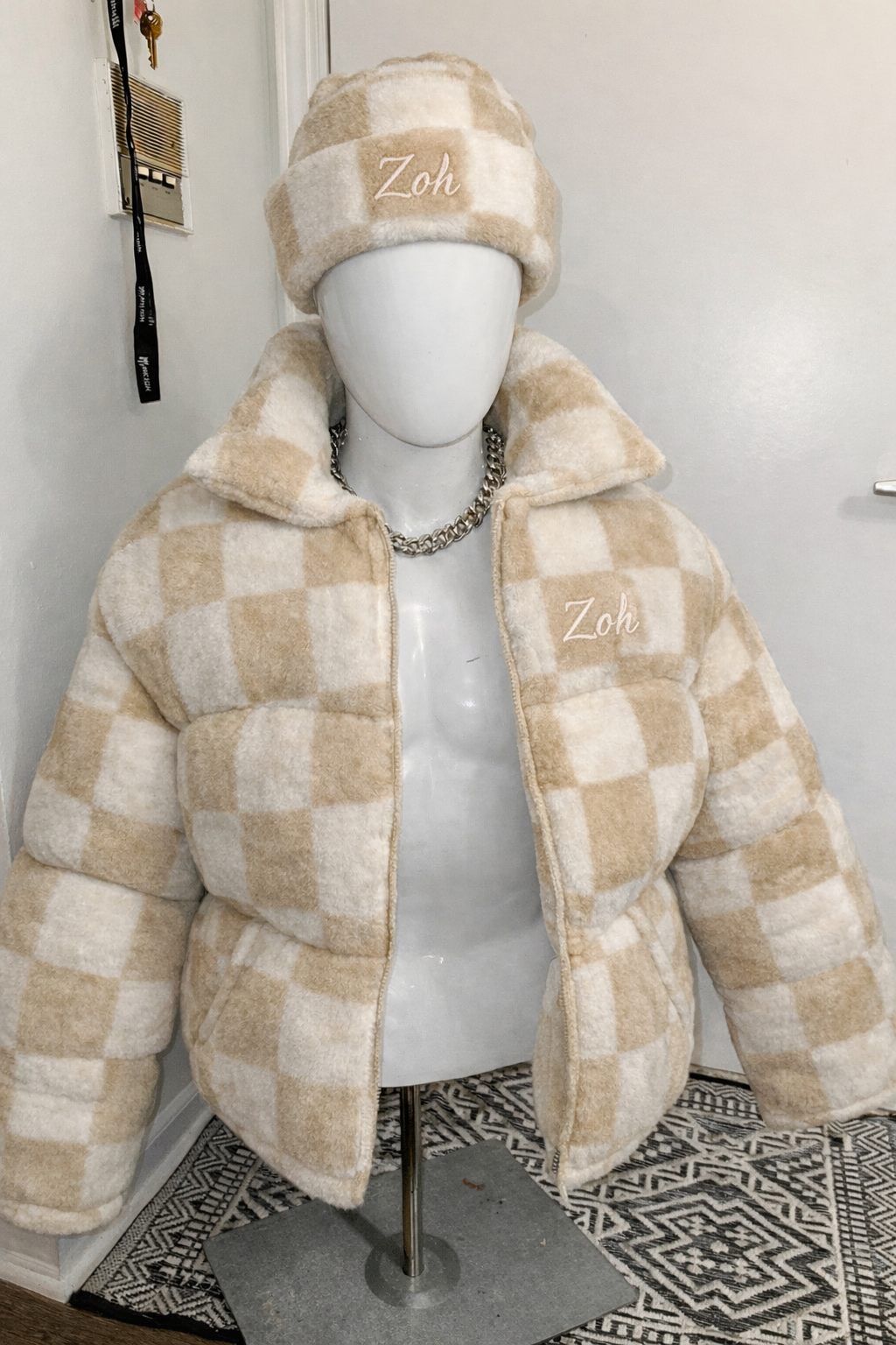 Zoh Plaid Puffer Jacket & Beanie Set